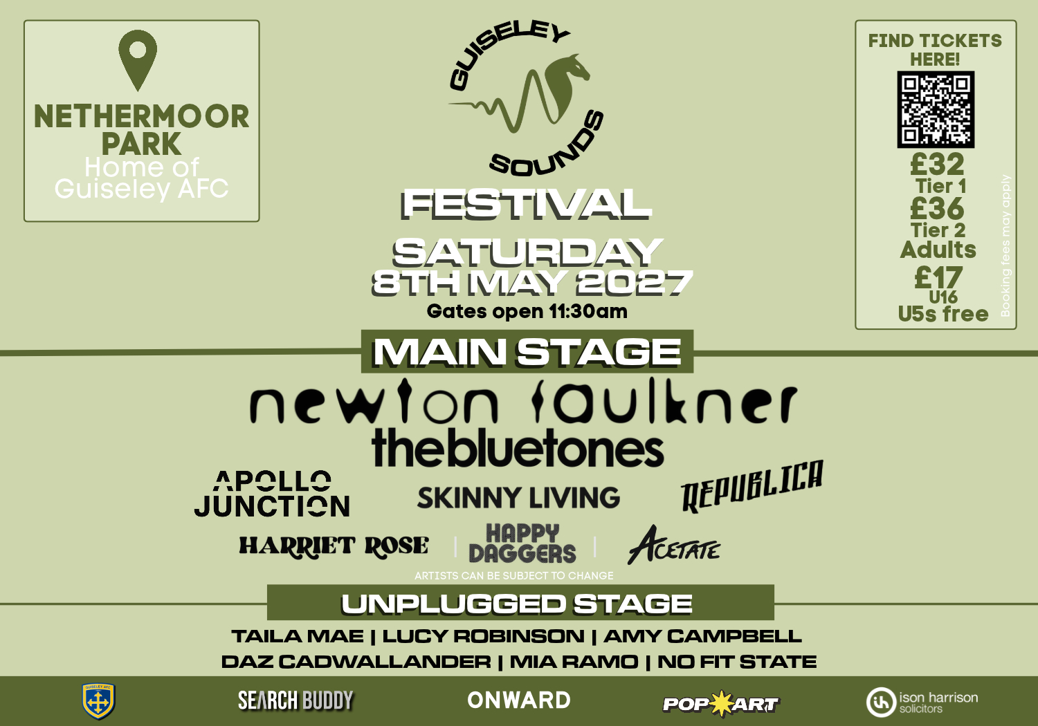 Guiseley Sounds Festival 2027: Newton Faulkner / The Bluetones / Apollo Junction / Skinny Living / Republica / Harriet Rose / Happy Daggers / Acetate / Taila Mae / Lucy Robinson / Amy Campbell / Daz Cadwallander / Mia Ramo / No Fit State poster