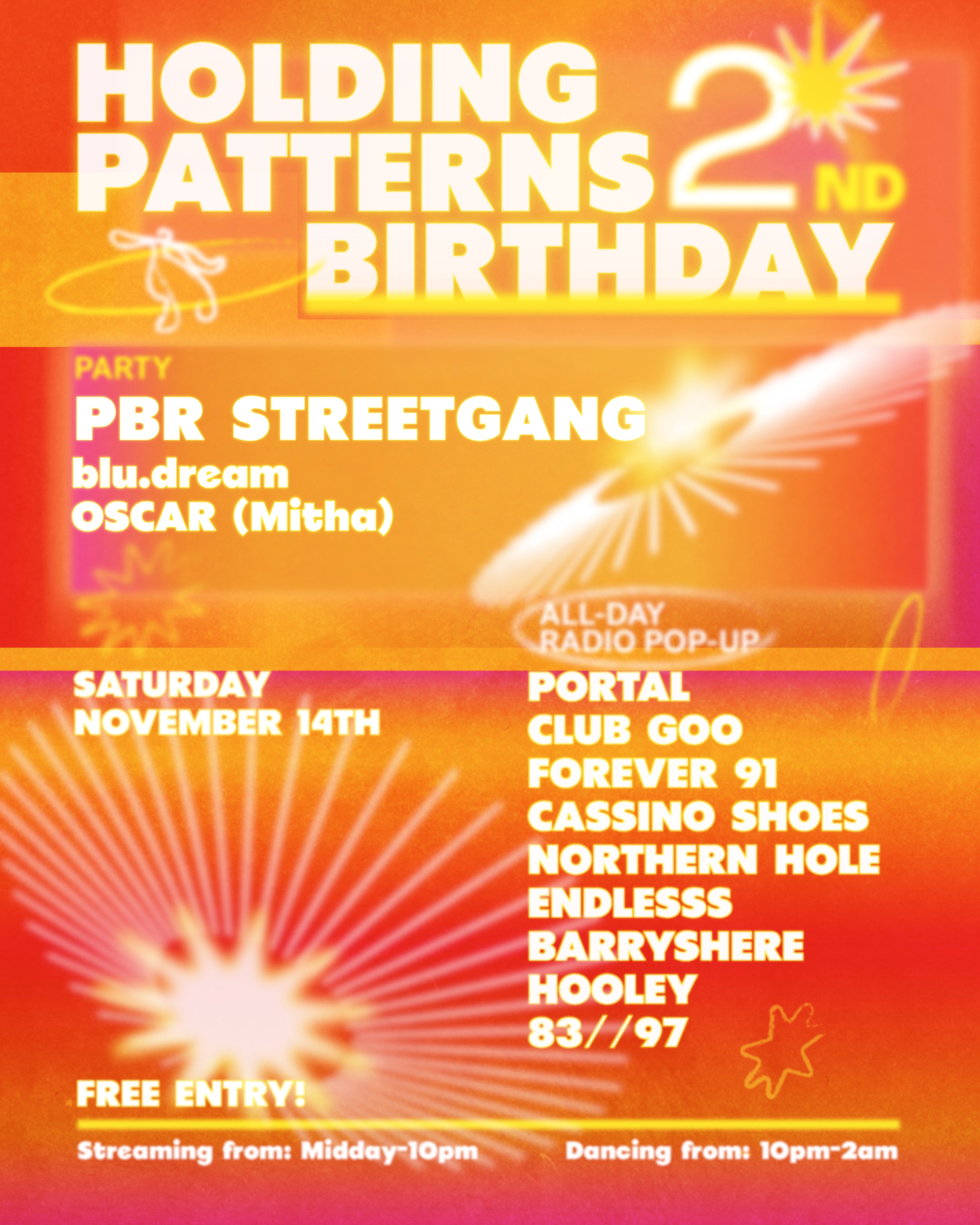 Holding Patterns 2nd Birthday: PBR Streetgang / blu.dream / Oscar (MITHA) / Portal / Club Goo / Forever 91 / Cassino Shoes / Northern Hole / Endless / barryshere / Hooley / 83/97 poster