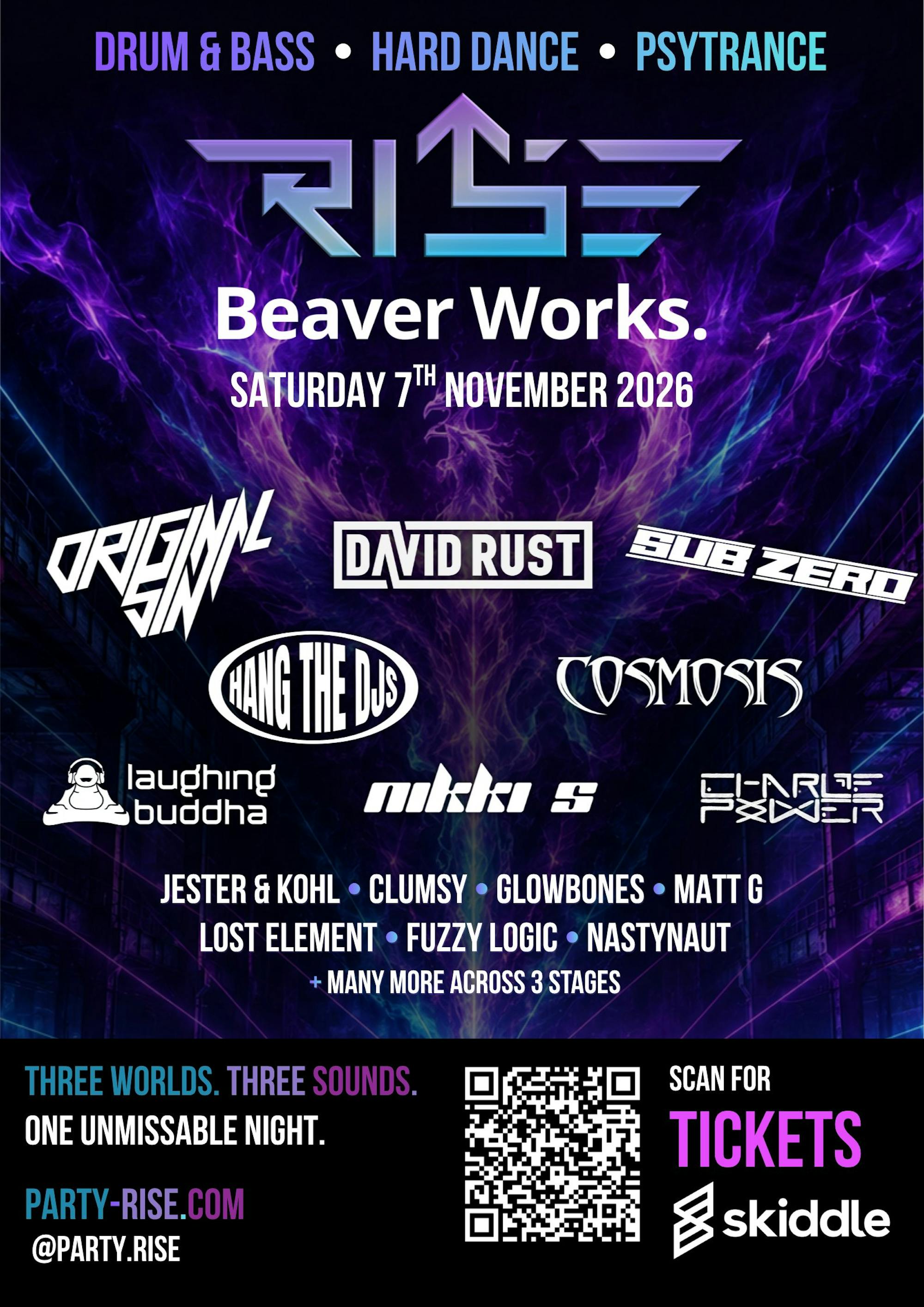 Rise: Original Sin / David Rust / Sub Zero / Hang The DJs / Cosmosis / Laughing Buddha / Nikki S / Charlie Power / Jester & Kohl / Clumsy / Glowbones / Matt G / Lost Element / Fuzzy Logic / Nastynaut / Zom-B poster